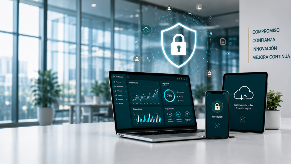 Laptop and mobile devices display security dashboards on a bright office desk, with a glowing shield lock hologram in the background.